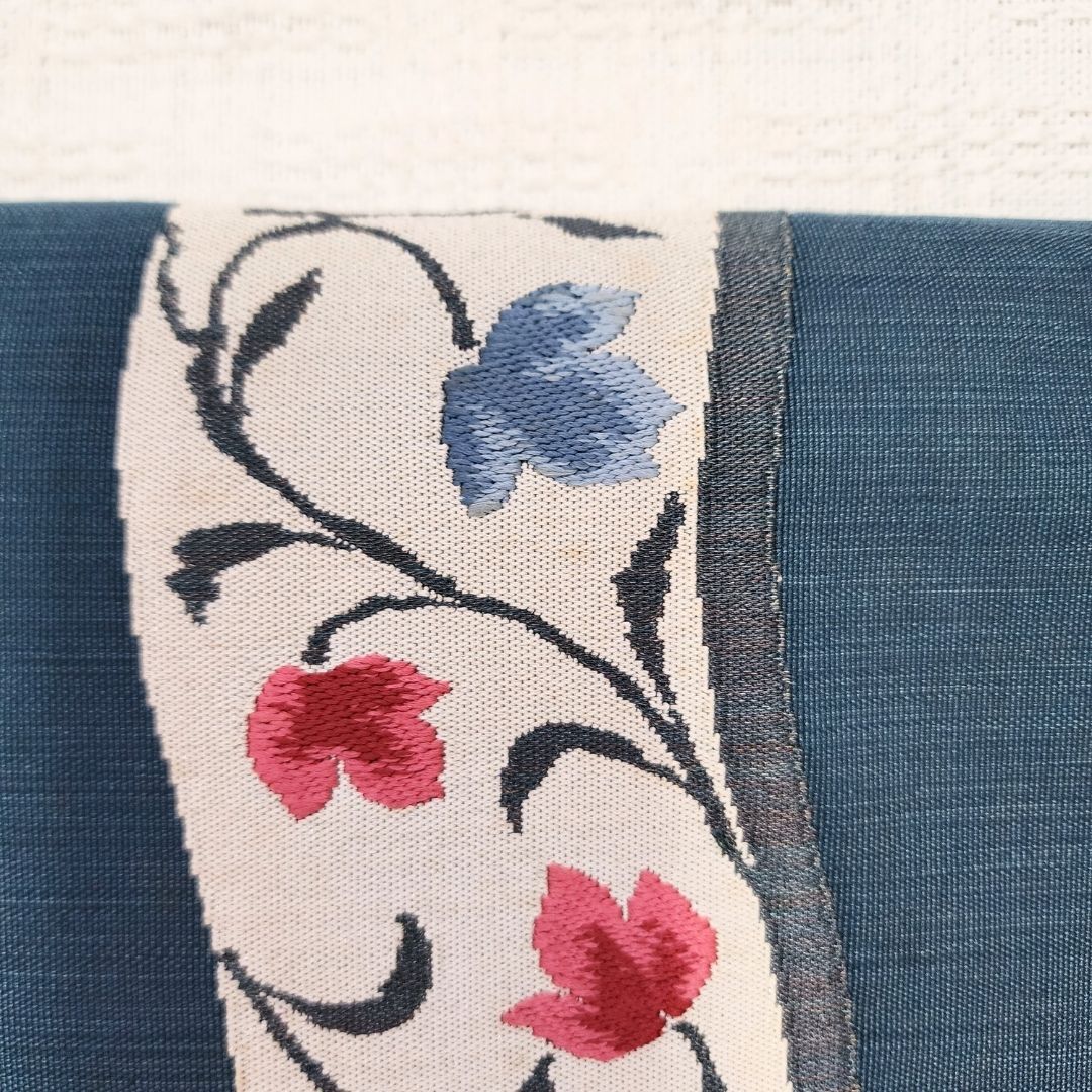 紬　刺繍　抽象花の名古屋帯　着物 ムラサキツユクサ花手刺繍紬名古屋帯 日本工芸会正会員 森康次作