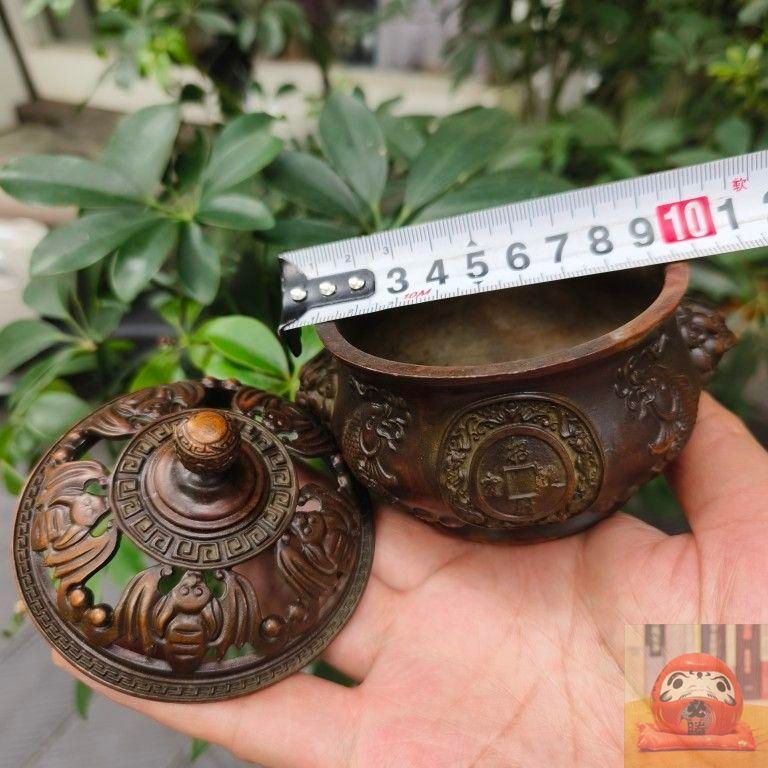銅 細工 双羊争輝香炉 蔵炉 香道具装飾品 工芸品 置物 双獣頭 毎年有魚 銅製香炉 薫香炉 招財進宝 置物 装飾品 工芸品