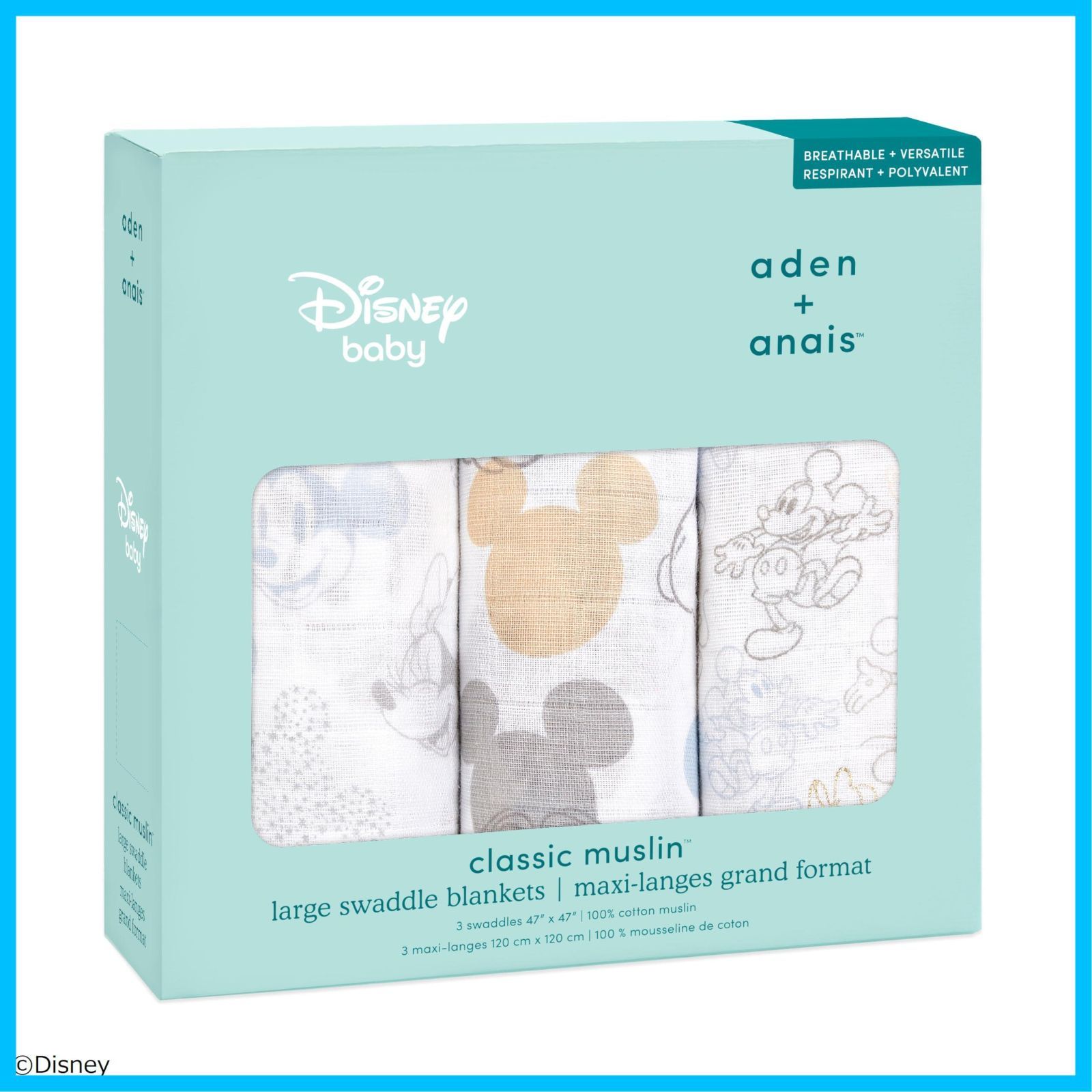 セール aden anais エイデンアンドアネイ おくるみ ミッキー-ミニー 3枚セット 120×120cm ディズニー デザイン モスリンコットン 新生児 SWADABDASWC30003DIJ