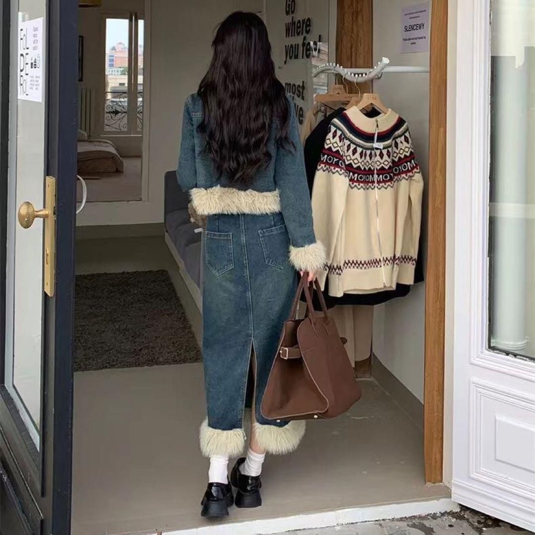 韓国♡甘辛ミックス♪ ふわふわファー付きデニムセットアップ