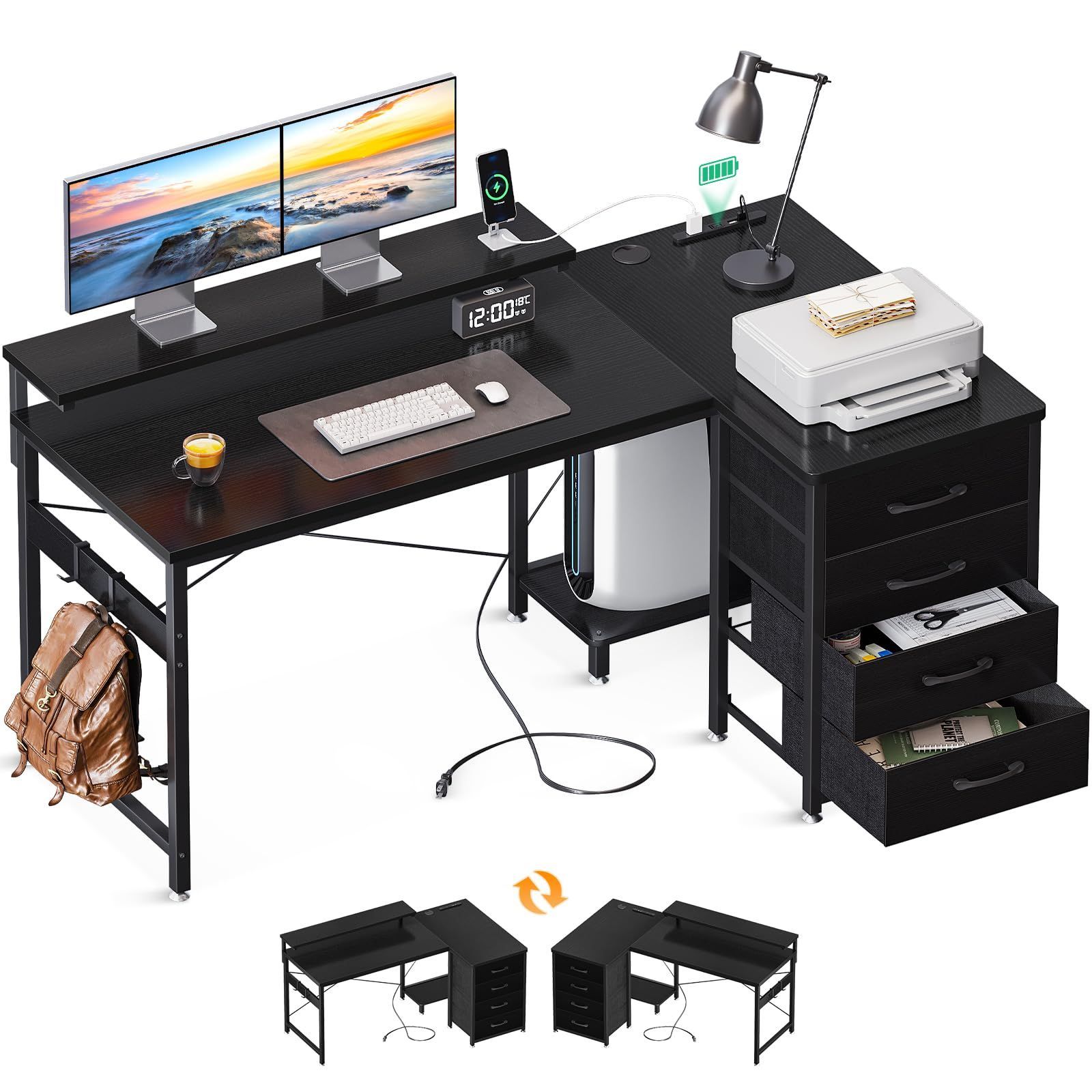 パソコンデスク ゲーミングデスク l字デスク コンセント付き 幅140×奥行80cm オフィスデスク 机 ODK pcデスク 引き出し付き gaming desk l shaped 長机 ワークデスク 左右入れ替え対応 仕事/ゲーム用 