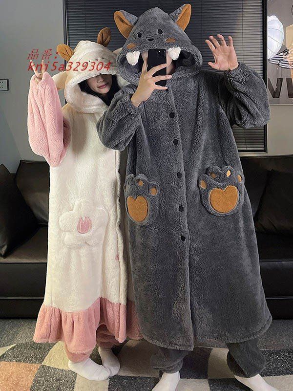 ルームウェア もこもこ パジャマ 羊 狼 冬 ナイトガウン 長袖 部屋着 着る毛布 あったか 前開き 暖かい フード付き 寝巻き kni5a329304
