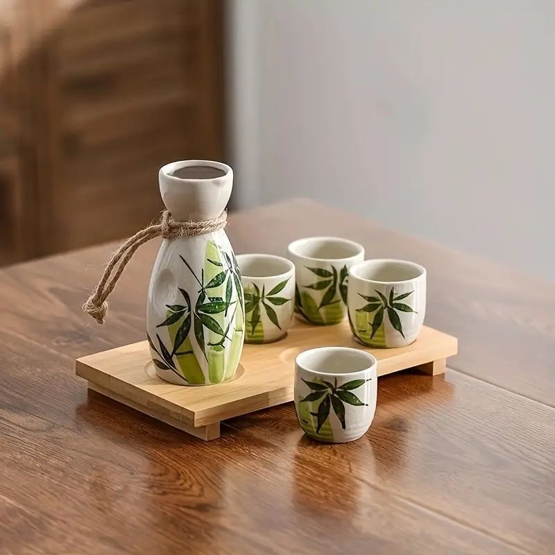 新品 竹模様陶器日本酒セット - 徳利とおちょこセット、涼しげな