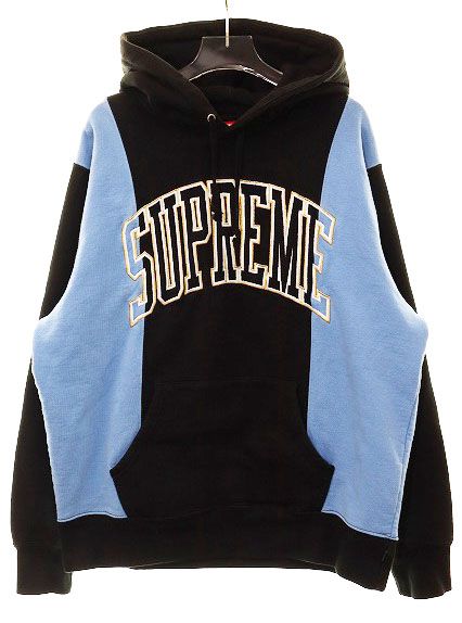 シュプリーム SUPREME 19AW PANELED ARC HOODED SWEATSHIRT BLACK BLUE M パネル アーチ スウェット シャツ ロゴ 刺繍 パーカー コットン ブラック ブルー 【ブランド古着ベクトル】AA250414