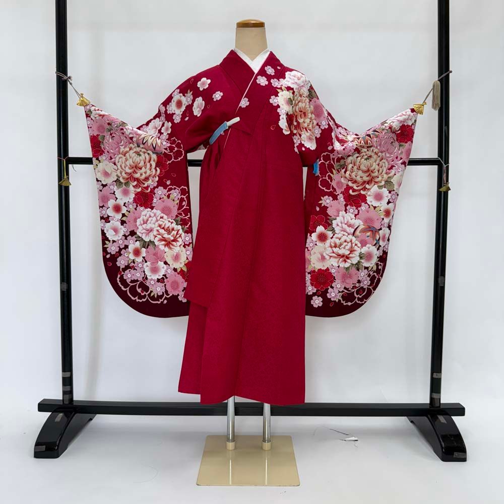 二尺着物 袴用着物 卒業式 裄68.5㎝ 中古 着物のみ　ピンク　花柄ｎ-45 Kimono Sienne 卒業式袴3点セット くすみピンク 二尺袖着物 袴