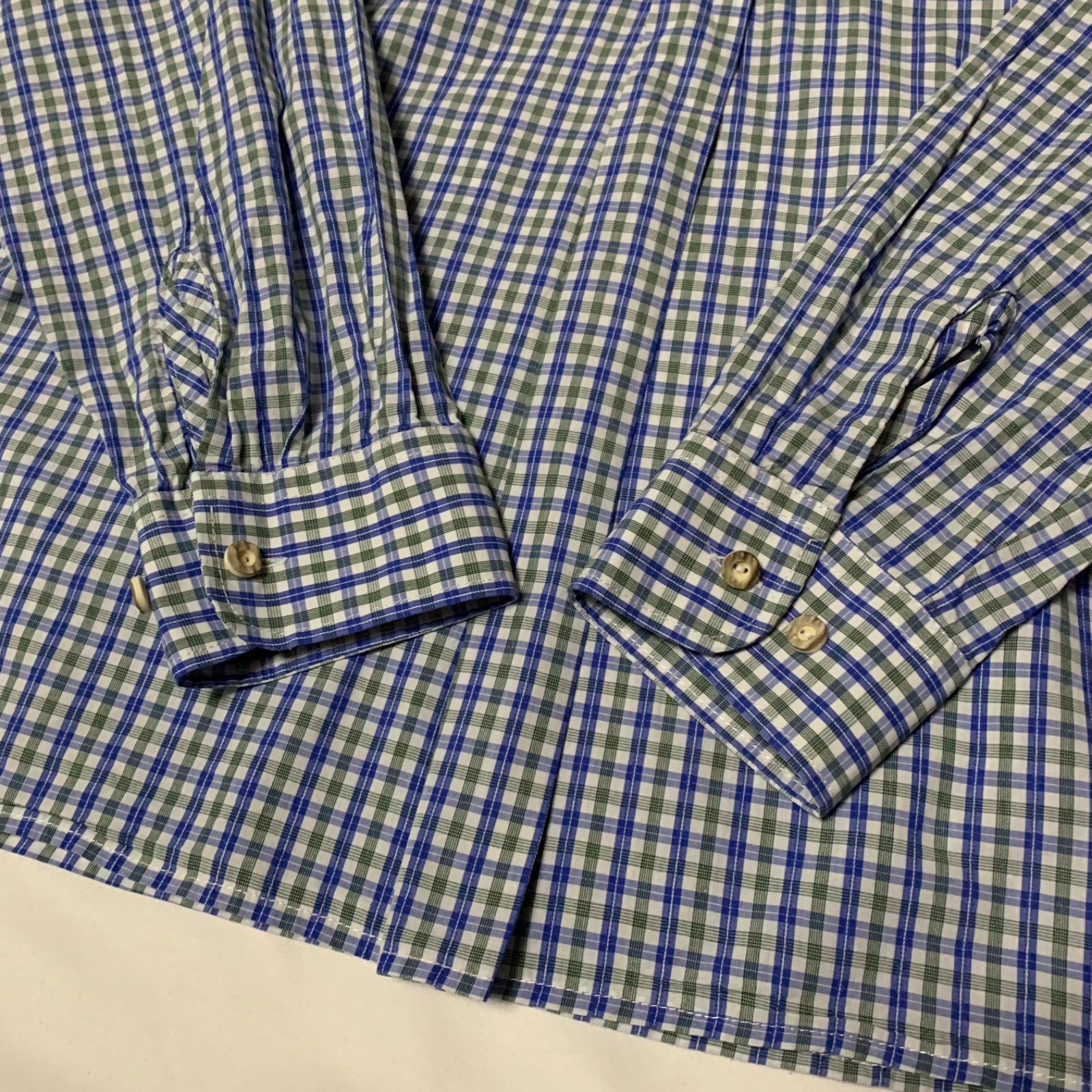 Hammerschmid L/S Tyrolean Check Shirt ハンマーシュミット チロリアンシャツ チェックシャツ プルオーバーシャツ 長袖 ライトグリーン ブルー ホワイト サイズ39 実寸S-M相当 ユーロ古着 チンストラップ スクエアカット