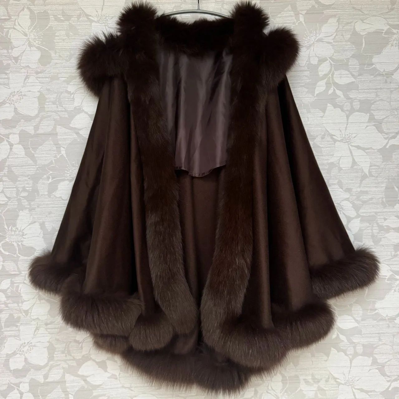 極美品 カシミヤ100% ブルーフォックスファー フード付き ケープコート