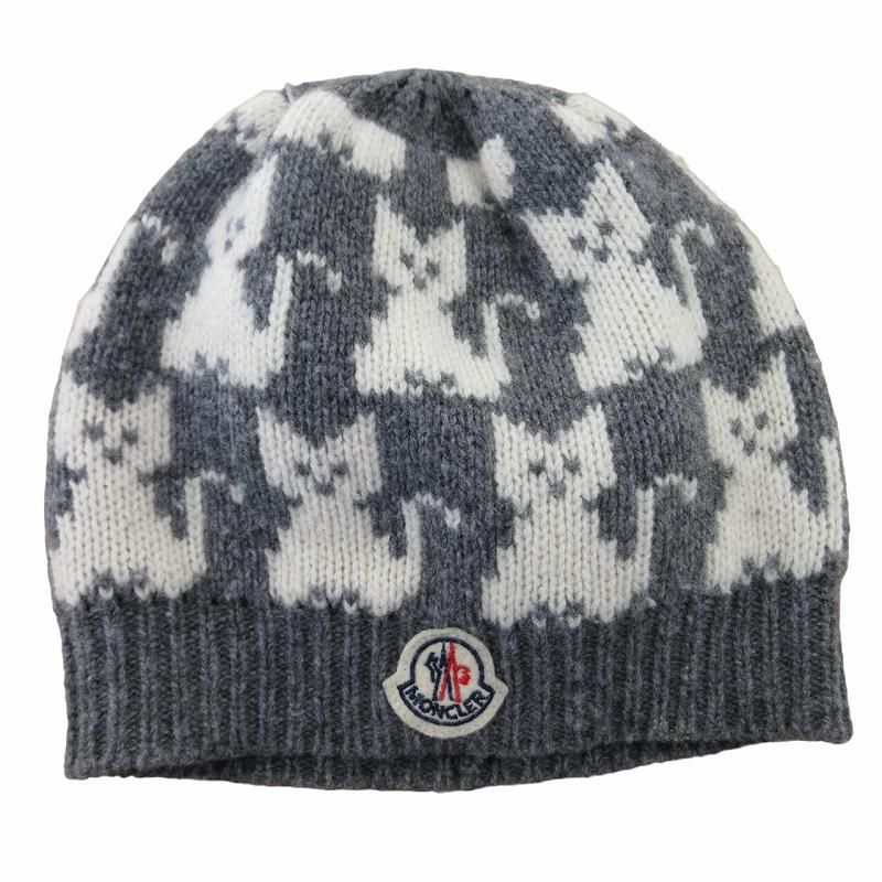 モンクレール MONCLER キッズ 美品 ウールニットキャップ ニット帽 ビーニー ねこ柄 ロゴワッペン カシミヤ混 XSサイズ グレー 白  ホワイト 0411 ■SH