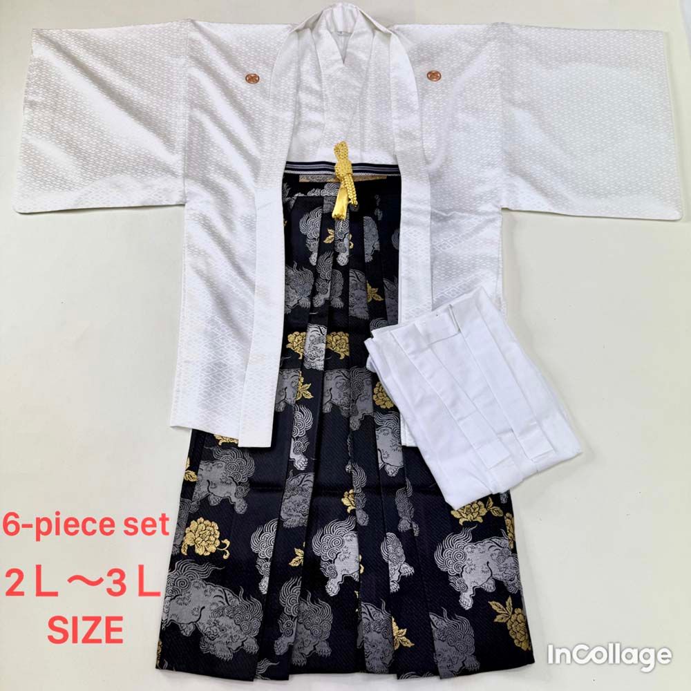 紋付袴 6点セット 着物 羽織 袴 長襦袢 羽織紐 角帯 裄77.5cm 袴丈93.5cm 2L〜3L 白 五つ紋 4506