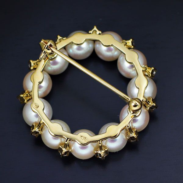 ミキモト K18YG アコヤ真珠 ダイヤモンド ブローチ 径約6.2mm