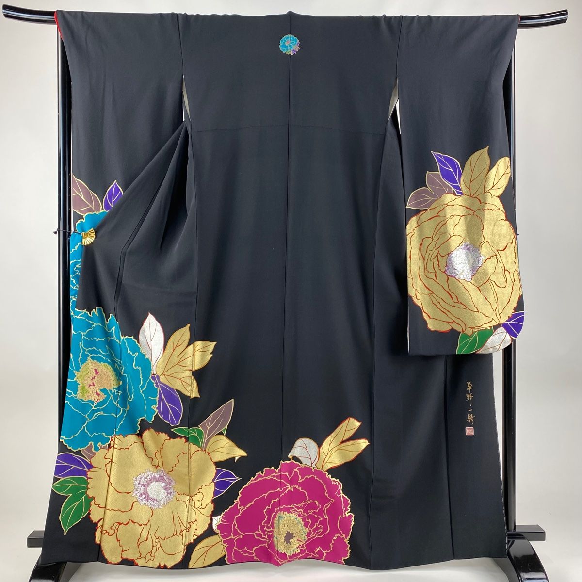 振袖 身丈166cm 裄丈68.5cm L 袷 草野一騎 落款 草花 金銀彩 墨色 