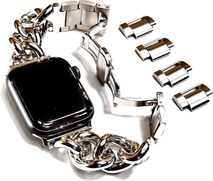 Royceu0026Roland AppleWatch用 チャンキー チェーンベルト シルバー/ステンレス 工具不要 バタフライバックル 44mm 45mm 46mm 49mm(シルバー，  44mm 45mm 46mm 49mm)