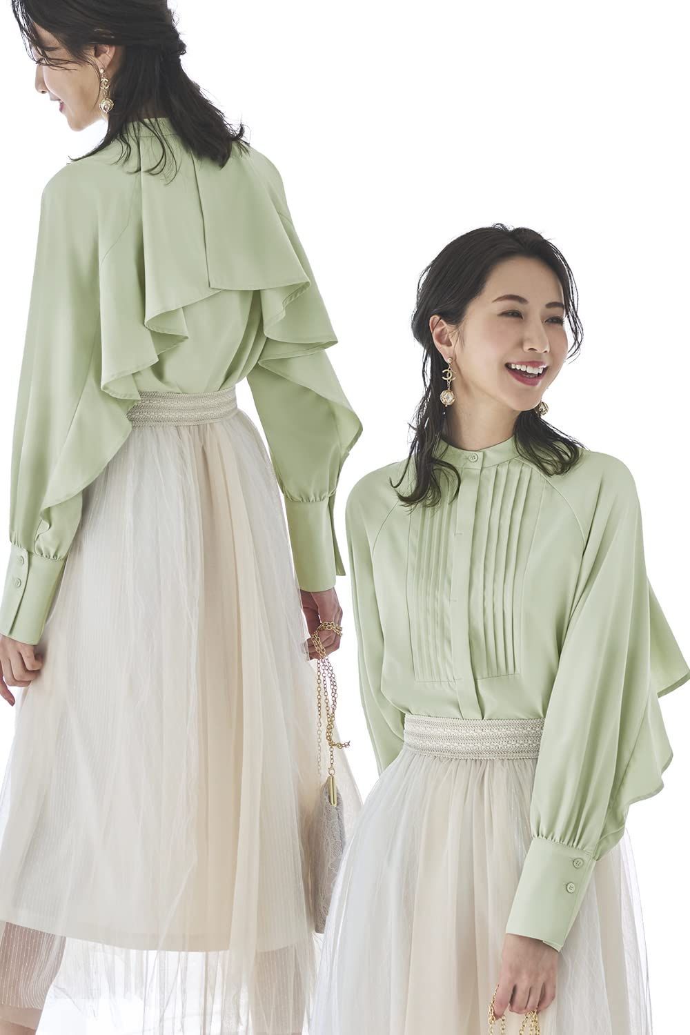 Size L_Color シャビーミント PGR ルイ ルエ ブティック バック ケープ バンド シャツ ブラウス レディース ミセス OL ママ 大人 トップス インナー 着回し 長袖 カジュアル 大きいサイズ 手洗い オフィス 通勤 L 11号