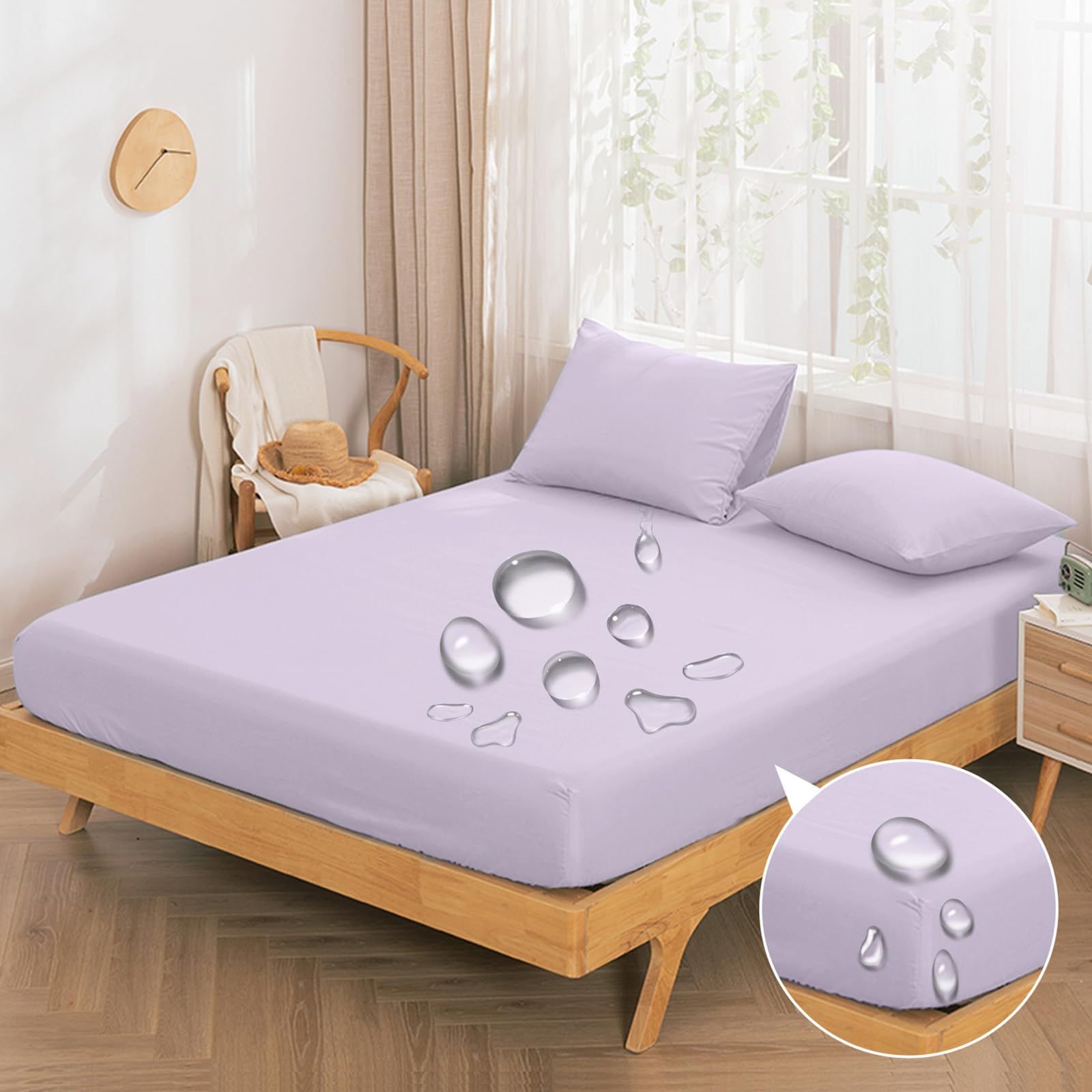 パープル_クイーンサイズ:160x200cm Vallein 防水シーツ 側面完全防水 シングル ボックス 全面防水 ボックスシーツ ダブル セミダブル クイーン キング おねしょシーツ 防水 大人用 赤ちゃん 介護