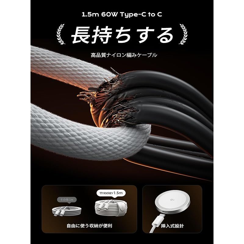 THREEKEY ワイヤレス充電器【Qi2 PSE 公式認証】15W超低温 MagSafe充電器 両面マグネット式 マグセーフ充電器 1:1適合 ?磁気 iPhone 16/15/14/13/12シリーズ/Galaxy S25 Ultra対応 60W+1. 0