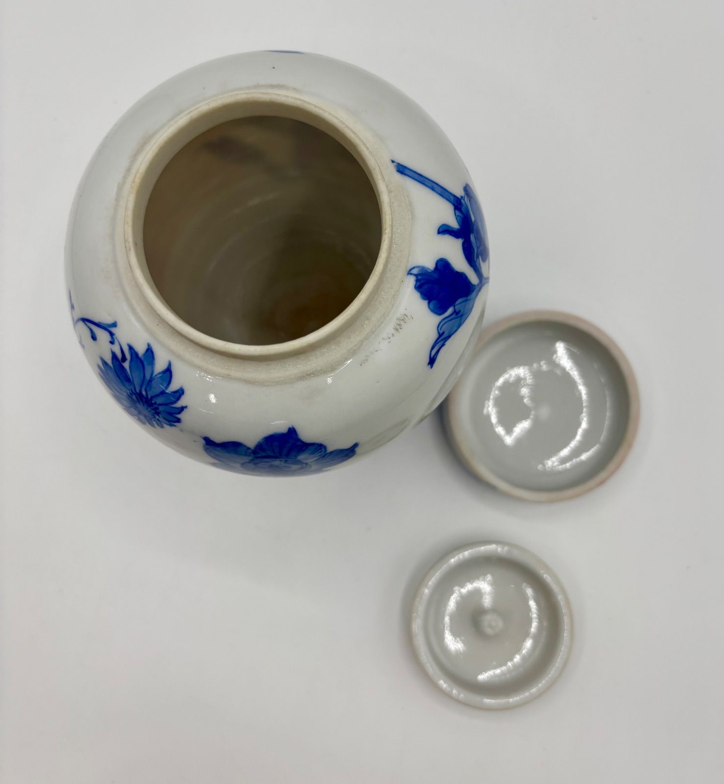 茶壺】瀬戸染付 蓋付き 茶壺 高さ16cm 古陶磁 青花 花文様