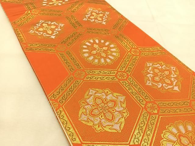 平和屋着物◎両面 全通柄袋帯 亀甲正倉院花文 金糸 正絹 逸品