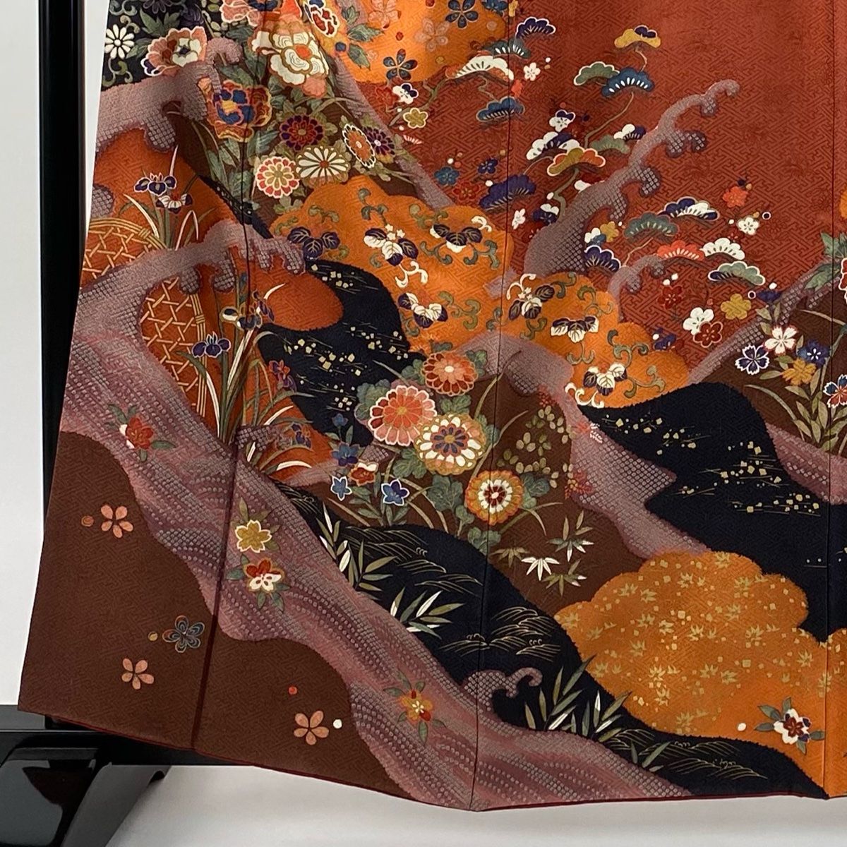 訪問着 身丈161cm 裄丈65.5cm M 袷 ますいわ屋 松竹梅 牡丹 金彩 染分け 赤茶 正絹 名品