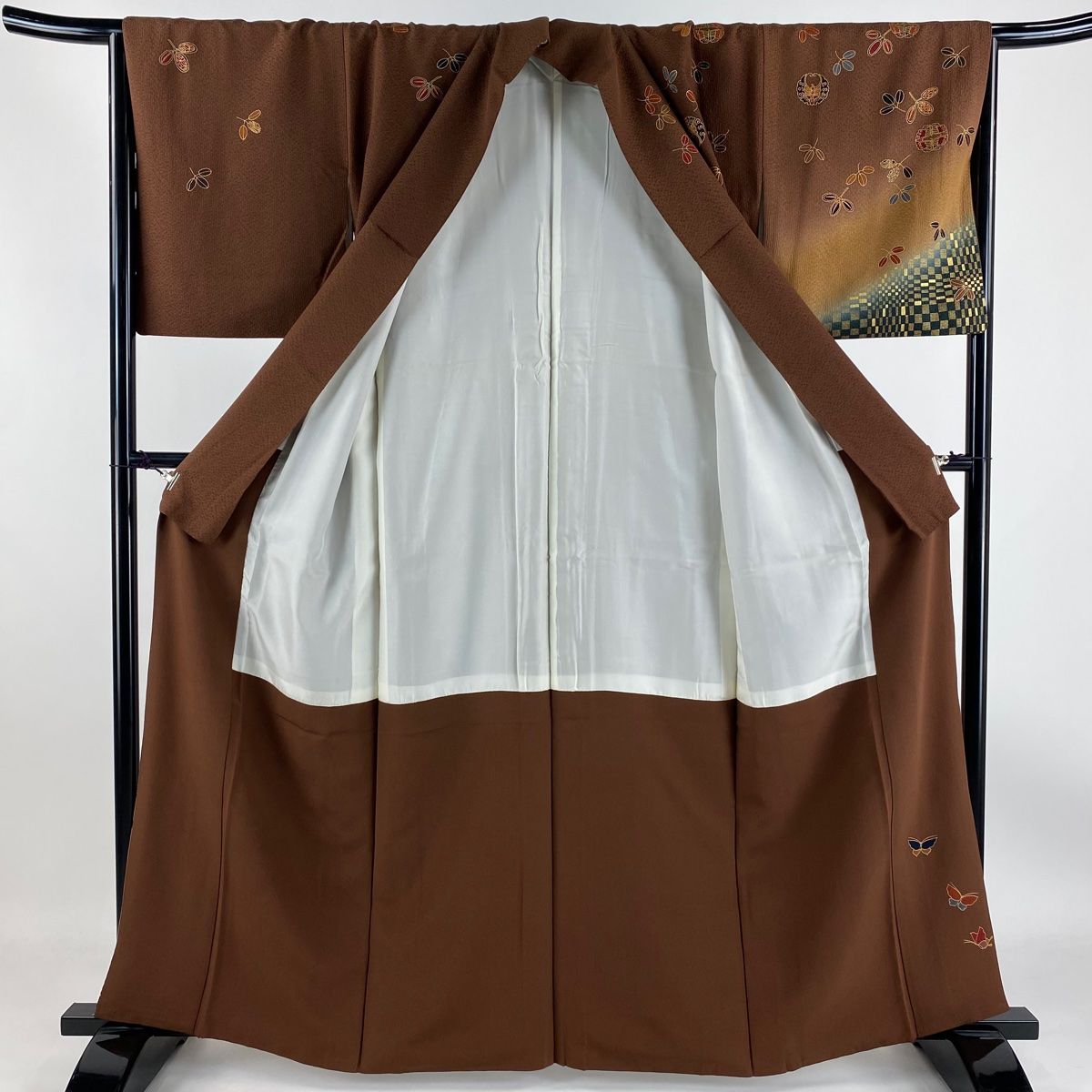 バイセル 着物 美品 名品 訪問着 焦茶色 雪芝 松 藤 宝尽くし 鹿の子 箔 金彩 正絹 165cm Lサイズ☆☆☆☆ 付下げ 身丈165cm 裄丈64cm M 袷 糸まき 松 刺繍 金彩 薄小豆