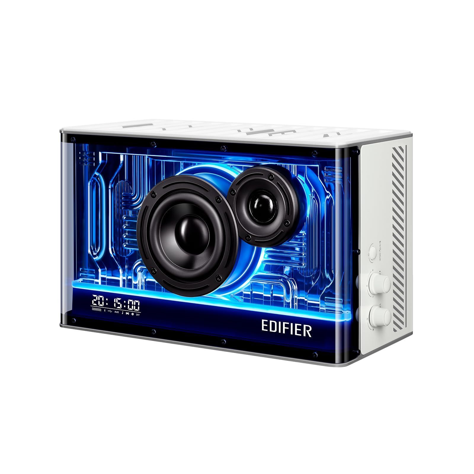 【人気商品】サイバーパンクなデザイン 臨場感 iPhone/Android/パソコン/PC用 スマートフォン充電可能 3.5mm/AUX/USB入力 時計 LED RGBライト インテリア DSP処理 40W 重低音 ハイレゾ対応 Bluetooth5.3 白