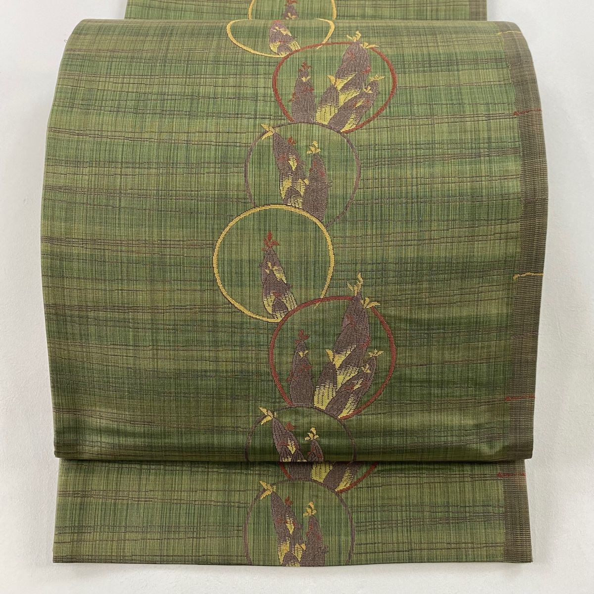 袋帯 秀品 紬地 陶漆 丸文 筍 茶紫 六通 正絹