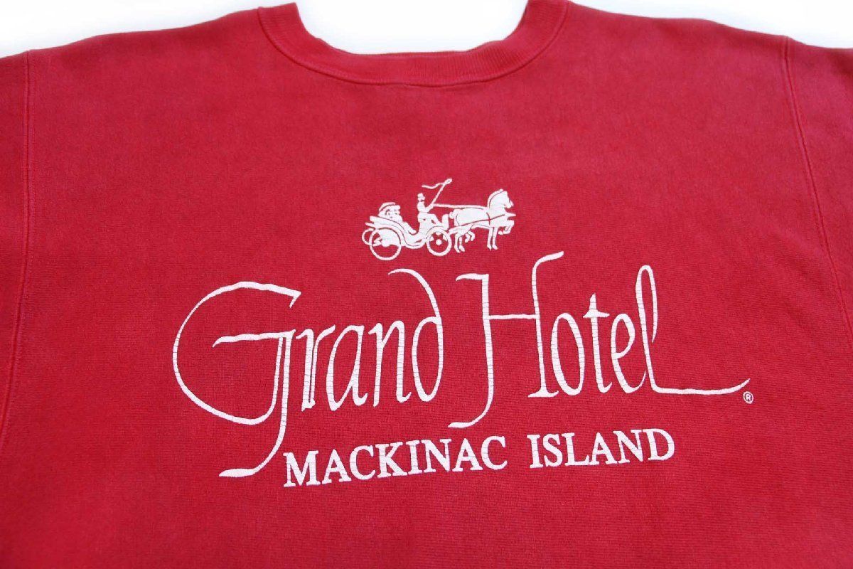 90s USA製 Championチャンピオン Grand Hotel MACKINAC ISLAND ひび割れプリント リバースウィーブ スウェット  赤 XL★ビンテージ ホテル
