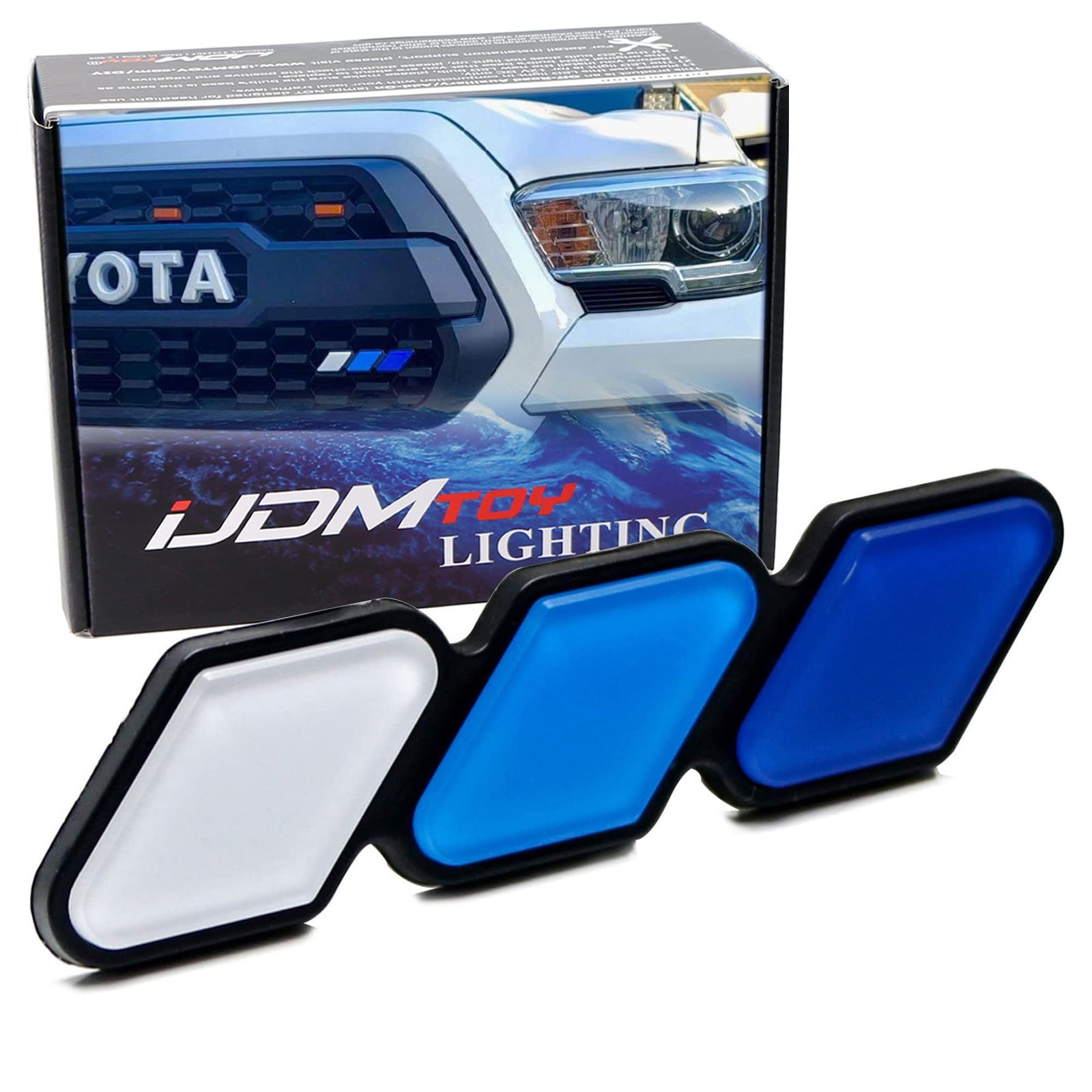 iJDMTOY レトロ 3色 ストライプ グリルバッジエンブレム 取り外し不要 トグルアンカーボルト付き トヨタ タコマ タンドラ 4ランナー FJクルーザーRAV4 Hiluxなどに対応 (ホワイト/ブルー/ネイビー)