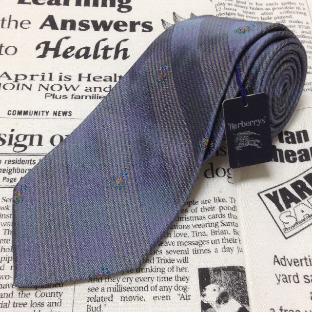 バーバリー Burberry Burberrys ♥タグ付 微光沢 ネクタイ シルク 斜めストライプ レジメンタル エンブレム柄 ミックス H-006833 ゆうパケット