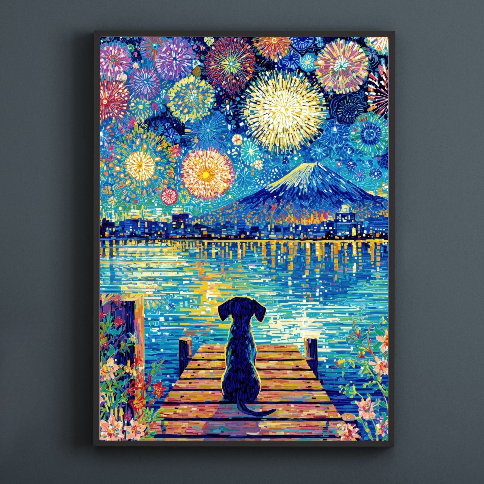 君と見た夏 - ダックスフンド犬 富士山 花火 幻想的 ファンタジー アート インテリア うちの子記念日 ペットロス アートポスター 犬の絵 犬のイラスト