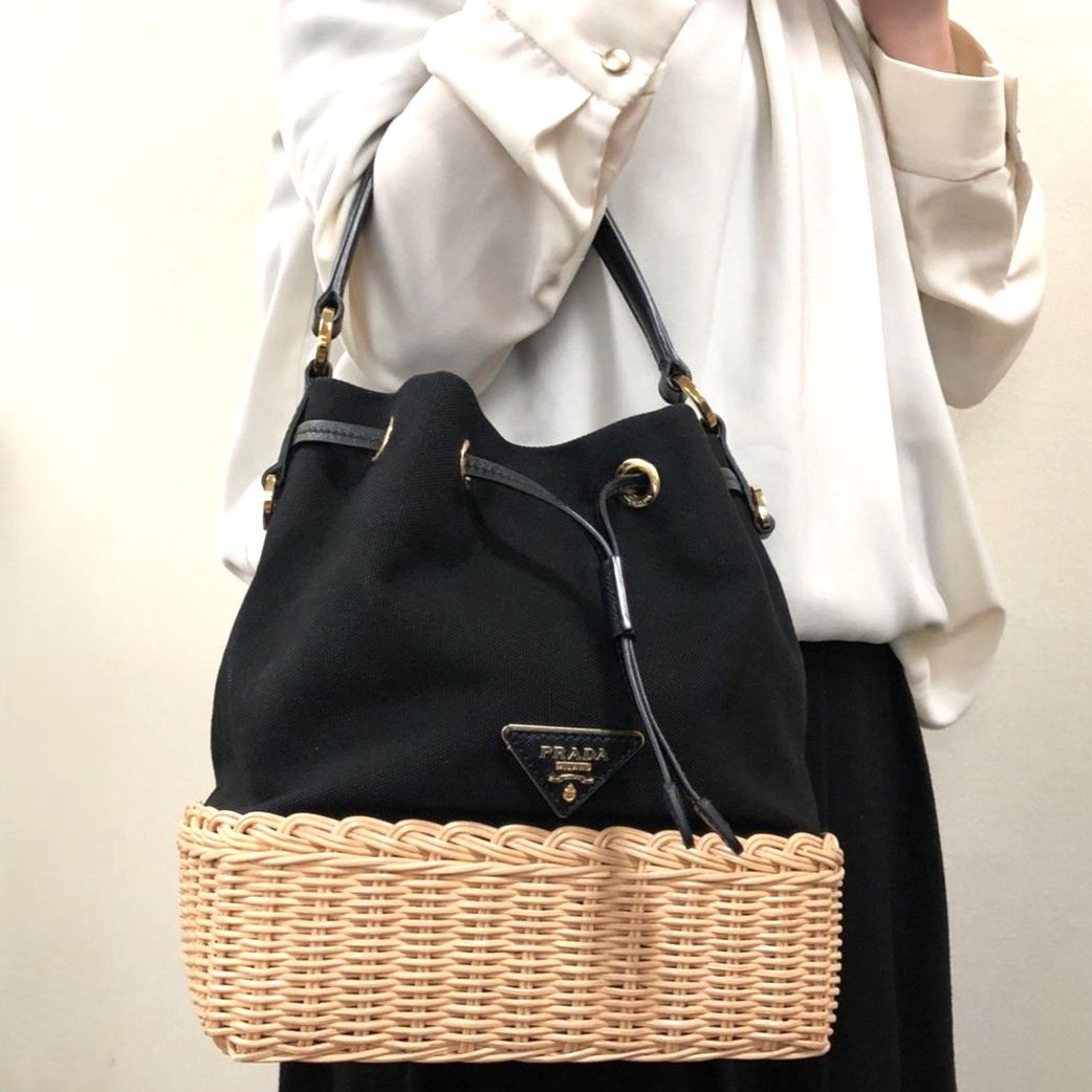 PRADA プラダ カゴバッグ ラタン ハンドバッグ 巾着バッグ キャンバス 