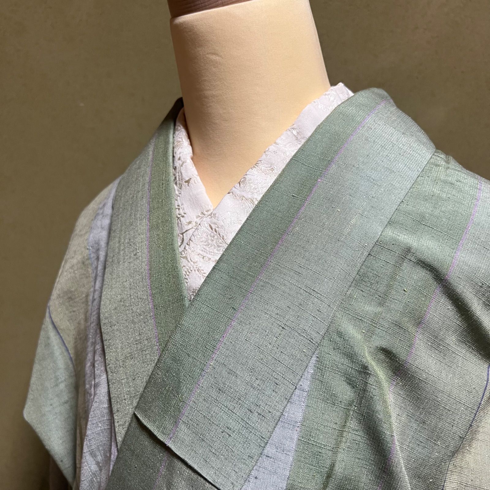 単　紬　ストライプ F192 単衣 紬 黄緑 縞 ストライプ - メルカリ