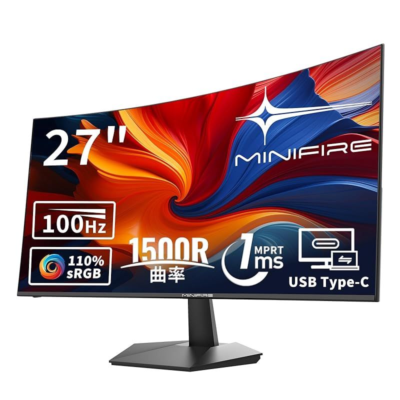 Minifire曲面 モニター27インチ USB-C 100Hz 1500Rの湾曲率 FHD 1920×1080 HDR10 Adaptive Sync sRGB 110% VESA対応 フレームレス Type-C|HDMI スピーカー内蔵 HDMI|US 0