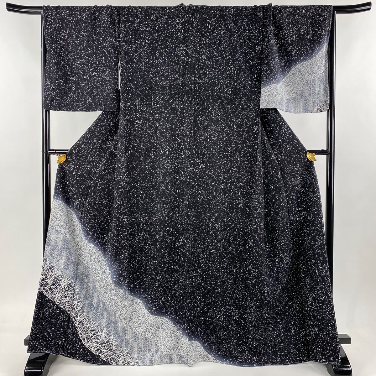 訪問着 身丈166.5cm 裄丈70cm L 袷 葉柄 幾何学模様 ぼかし 黒 正絹 秀品