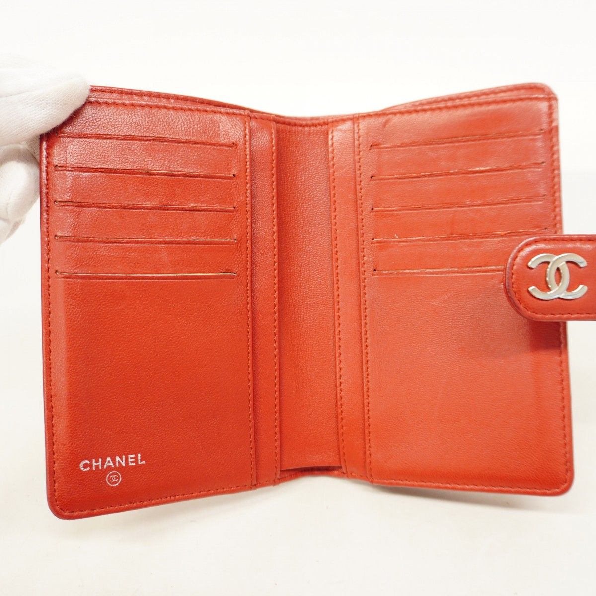 5hb1160】シャネル 財布 カメリア ラムスキン ボルドー シルバー金具  