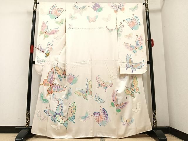 平和屋着物●豪華振袖 駒刺繍 舞蝶文 金彩 正絹 AABB3627ph
