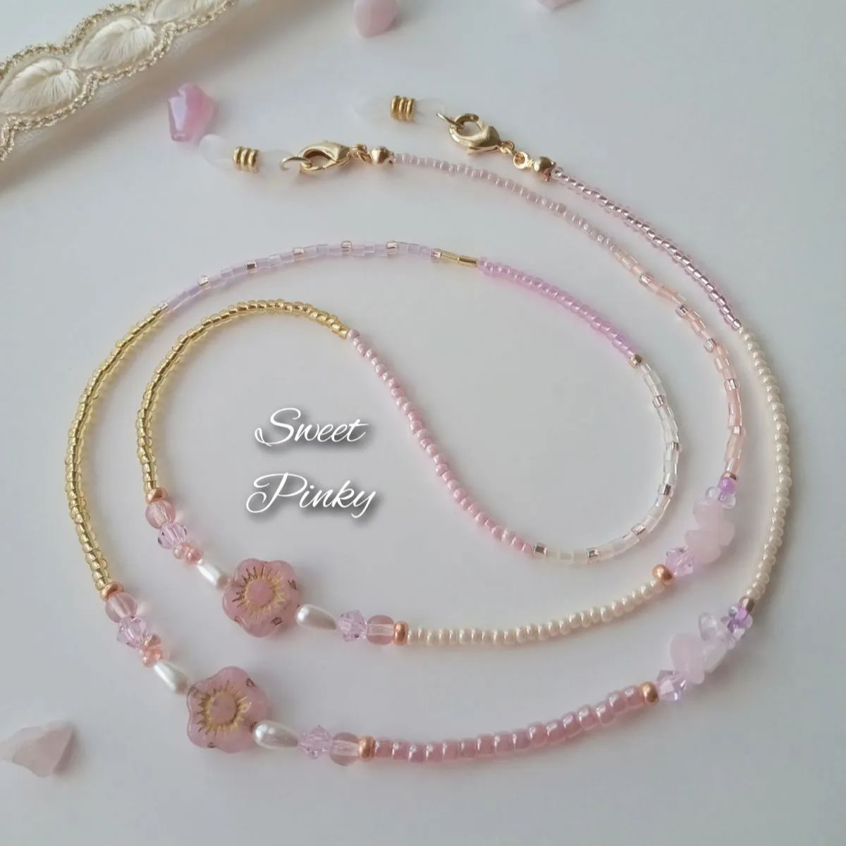 再入荷【119】ローズクォーツ天然石とお花❀マスクストラップ＆メガネ