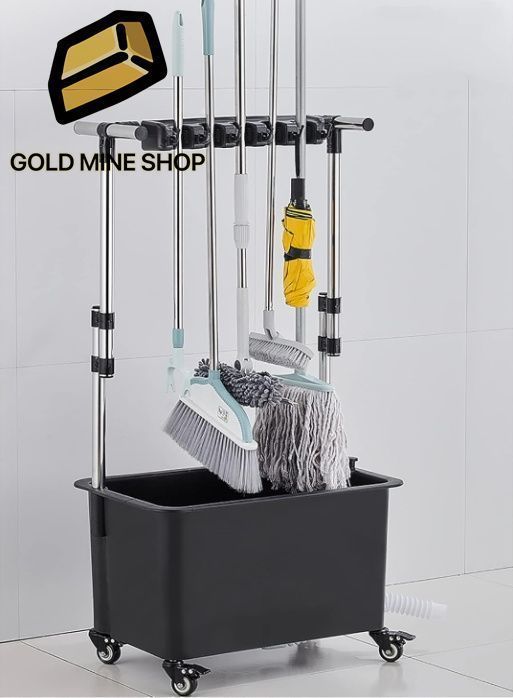 ほうきとモップホルダー ほうき フック 5位6鈎掃除用具入れ 濡れたモップを移動 床取り付けモップラック 床置き掃除ツールカートスト
