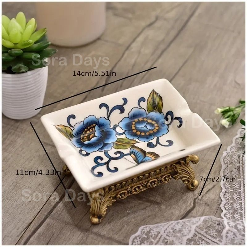  ソープディッシュ ソープホルダー 石鹸置き 花柄 ヴィンテージ調 おしゃれ エレガント インテリア 北欧 西洋風 水切り 排水 スクエア 四角 長方形 ゴールド台座 セラミック ×7 cm ソープディッシュ 洗面所用品