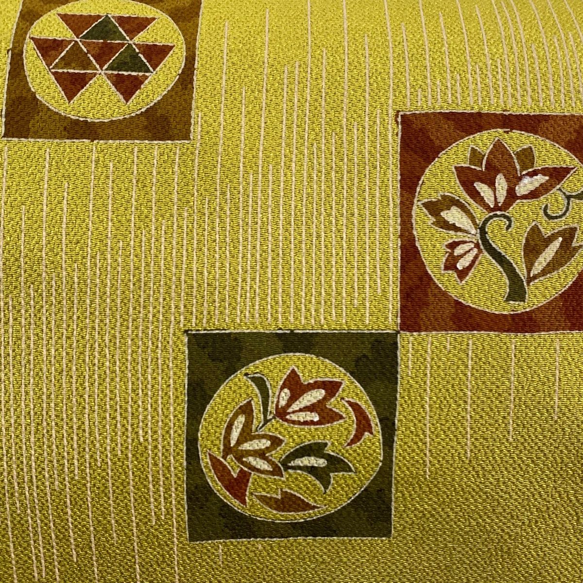 名古屋帯 秀品 葉柄 縞 縮緬 からし色 正絹