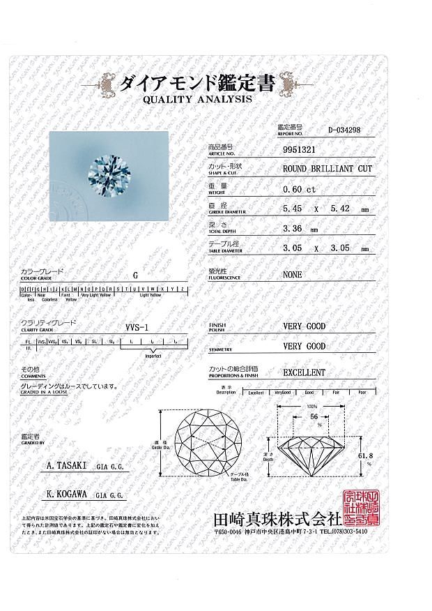 TASAKI タサキ リング ダイヤ ダイヤモンド 0.60ct G VVS1 EX