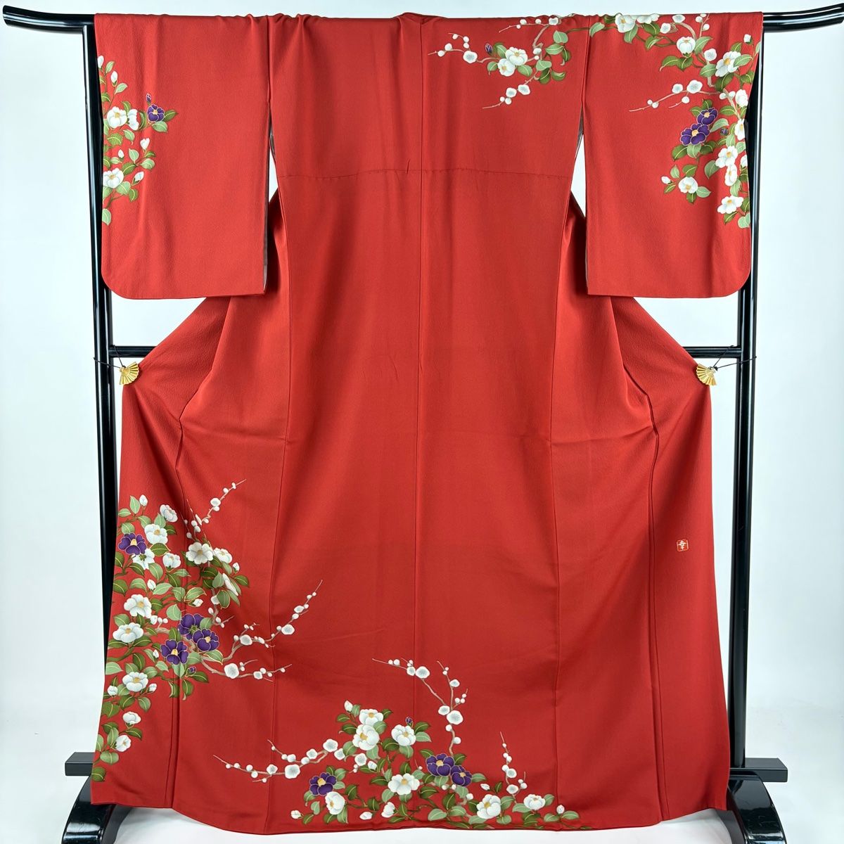 訪問着 身丈170cm 裄丈68cm L 袷 花井幸子 落款 椿 枝梅 金糸 刺繍 赤 正絹 名品