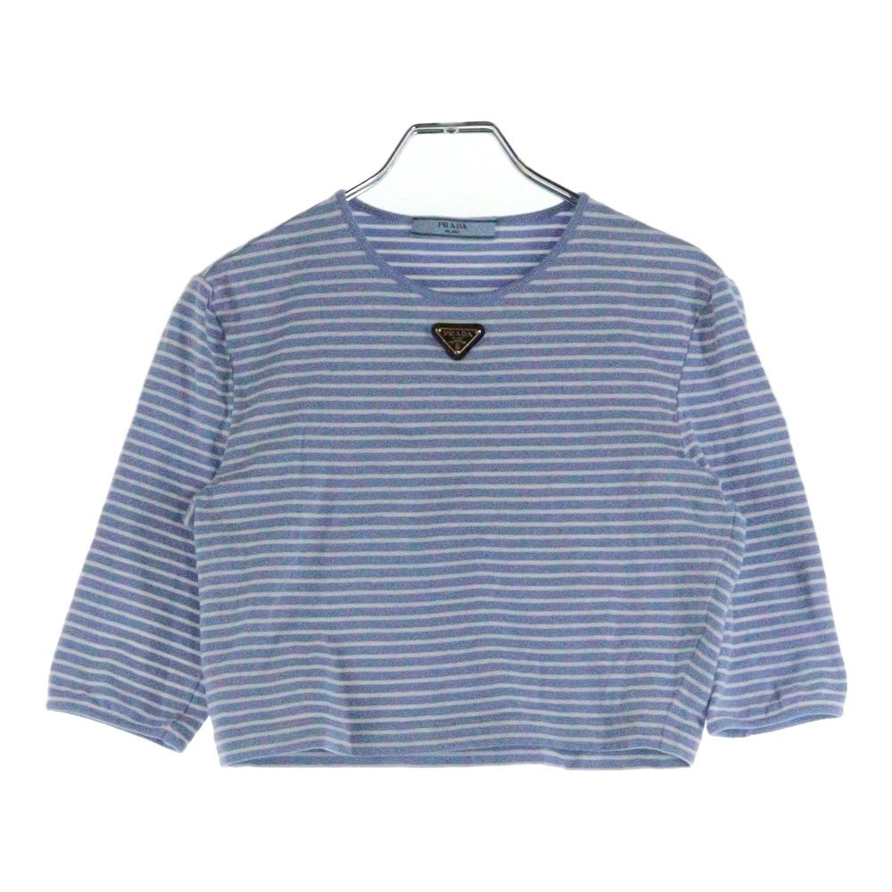 PRADA プラダ 23SS ボーダー総柄 トライアングルロゴプレート クルーネック 五分袖 クロップド ショート丈 Tシャツ カットソー トップス ブルー レディース 39578