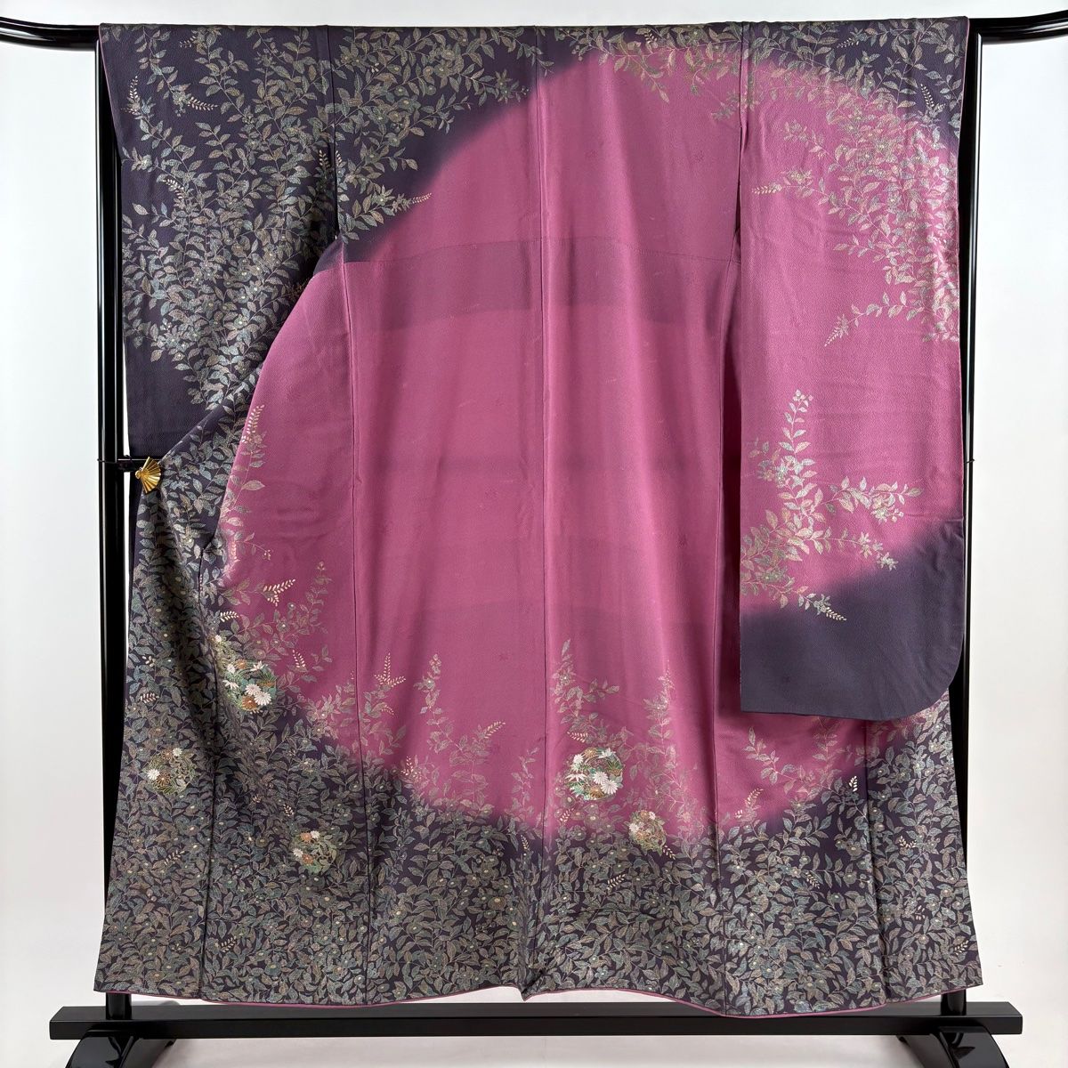 振袖 身丈155.5cm 裄丈65.5cm M 袷 花丸文 万寿菊 金銀彩 染め分け 灰紫 正絹 秀品