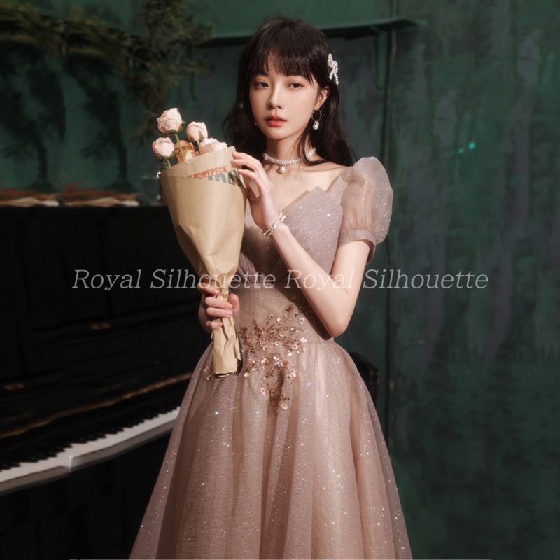 シャンパン色のイブニングドレス♡パール♡半袖♡L