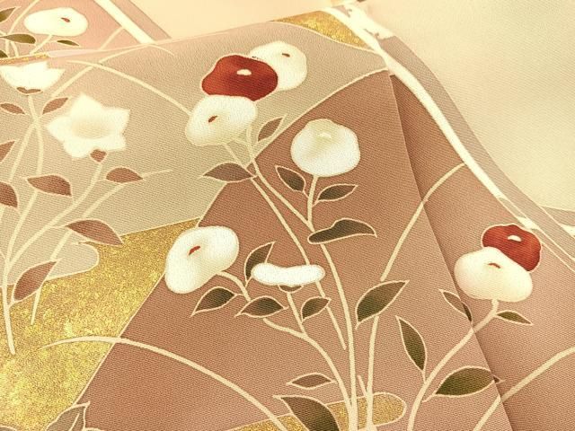 美品　単衣　訪問着　松に鳥文様　日本刺繍　金駒刺繍　縮緬　クリーム色×退紅色 美品 単衣 訪問着 松に鳥文様 日本刺繍 金駒刺繍 縮緬 クリーム