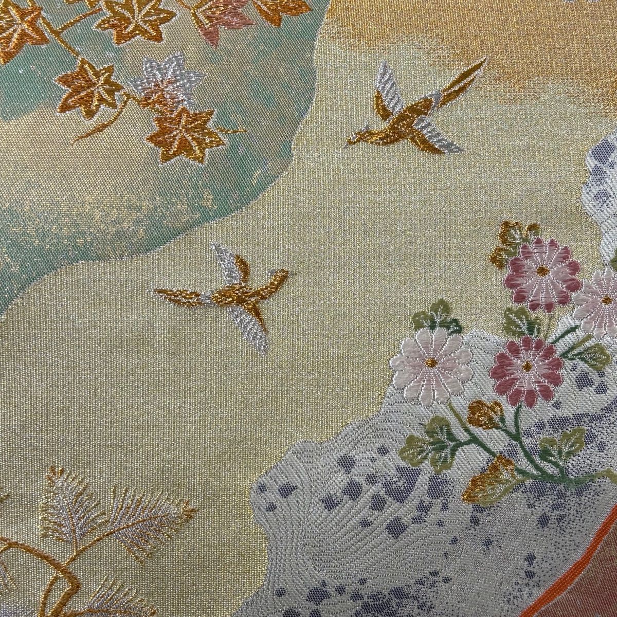 袋帯 秀品 松梅 草花 金銀糸 箔 薄緑 六通 正絹