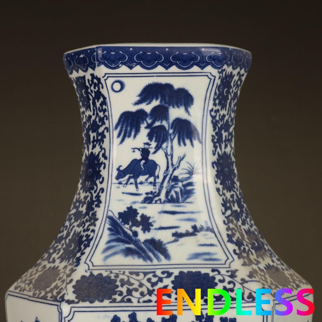 清乾隆青花人物花鳥六方賞瓶 景徳鎮 陶磁器 装飾品 現代工芸品 美術品 置物 清乾隆青花人物花鳥六方賞瓶 景徳鎮 陶磁器 装飾品 現代工芸品