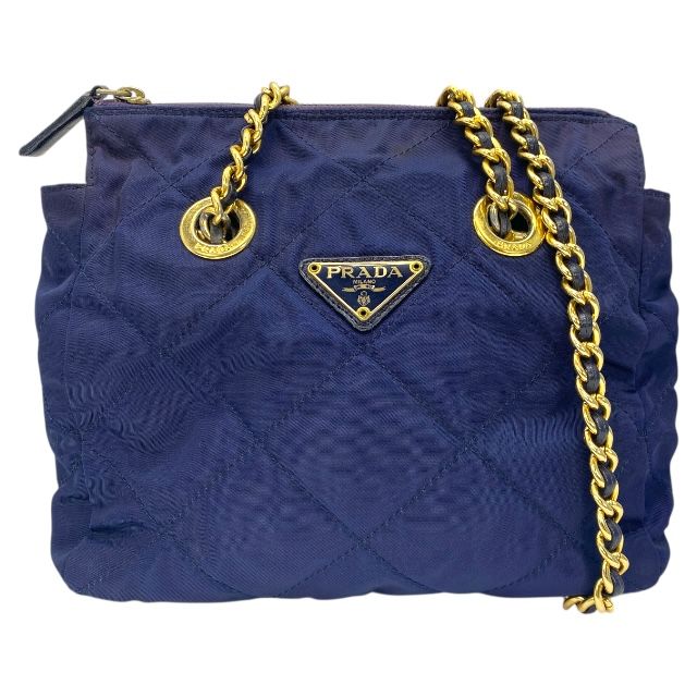 プラダ ショルダーバッグ チェーンバッグ ダブルチェーン 肩掛け 斜め掛け 三角ロゴ キルティング ナイロン ネイビー PRADA レディース 感 上品デザイン 人気モデル
