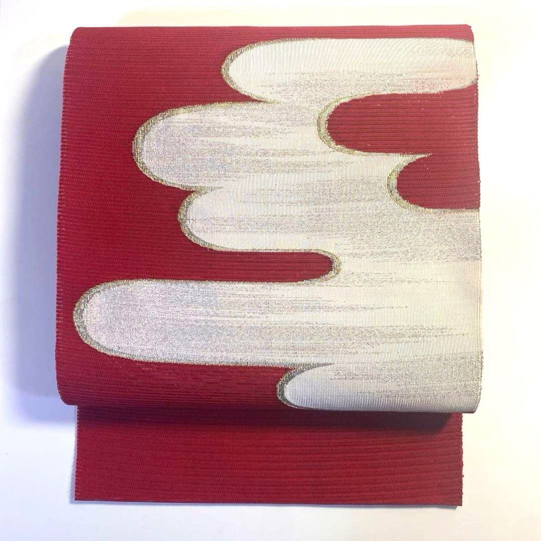 4k1125 名古屋帯 絹 夏帯 夏物 絽綴れ 赤 白 銀色 金色 柄物 - メルカリ