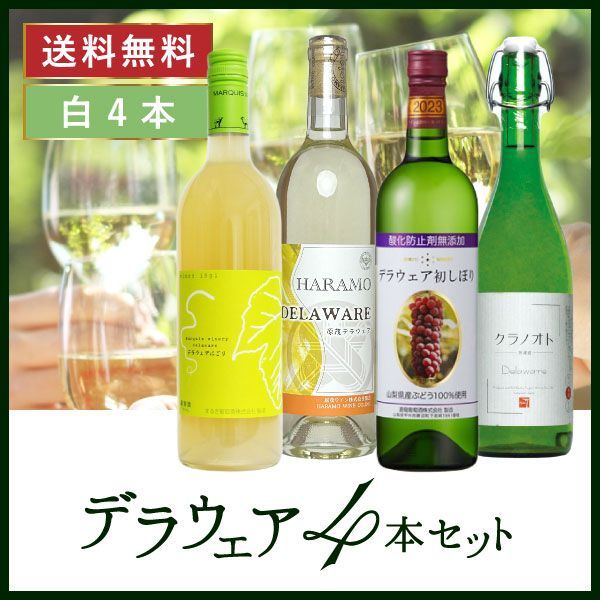 日本ワイン セット【山梨のデラウェア４本セット】送料無料 白ワイン 国産 山梨ワイン まるき 原茂 蒼龍 フジッコ デラウェア 酒 飲料